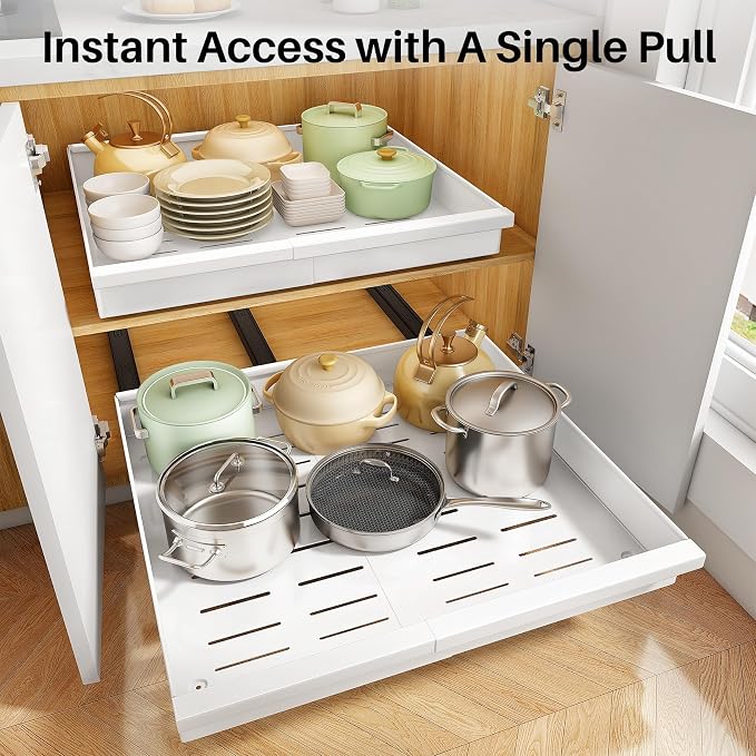 Pull out Cabinet Organizer, 1-Pack Expandable(13.6"-24") Silde out Drawers with Raising Pad for Framed Cabinets, Adjustable Full-Extension Adhesive Roll out Shelves for Kitchen Pantry Home Pot and Pan - Image 6