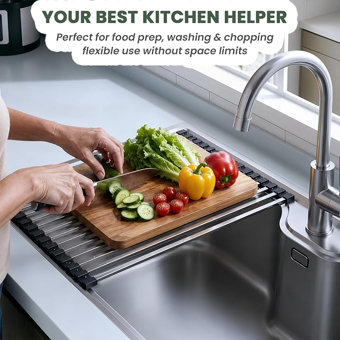 Roll Up Dish Drying Rack Over the Sink 17 x 13’’, 304 Stainless Steel Black | 17 x 13’’, Sink Rack, Rust-Resistant, Foldable Non-Slip Kitchen Drainer Mat for Dishes, Produce, RV & Small Kitchens - Image 5