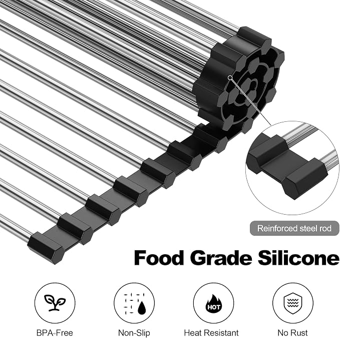 NEZUIBAN Dish Drying Rack with Roll Up and Over Sink for Kitchen,17.5"x11.8",Black - Image 6