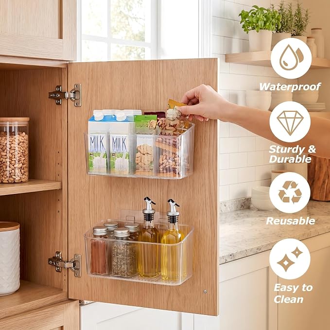 7 Pack Cabinet Door Organizer Adhesive Wall Mount Storage Bins Makeup Containers Stackable Organizer Basket for Kitchen Cabinets, Bathroom, Pantry, Office, Refrigerator (Frosted Clear) - Image 3