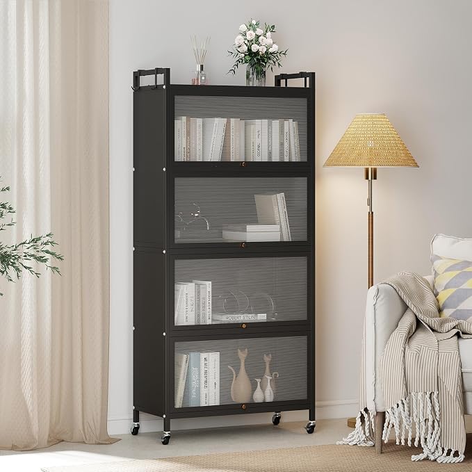 GIANTEX 5-Tier Kitchen Storage Cabinet, 4 PC Doors, Rolling Wheels (Black) | Mobile Metal Pantry Cabinet with 4 Hooks & Adjustable Feet, 60" Baker's Rack Microwave Stand for Dining & Living Room - Image 7
