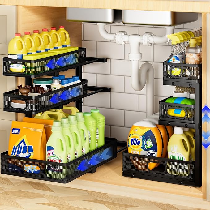 Under Sink Organizer 3 Tier, 4 Pack L-Shaped Pull-Out Cabinet Organizer with Sliding Metal Mesh Drawers, Height Adjustable Under Sink Storage Rack for Kitchen Bathroom Cabinet, Black - Image 9
