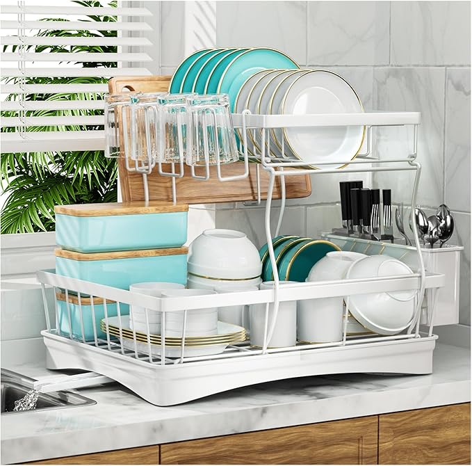 7 code 2-Tier Large Dish Drying Rack for Kitchen Counter, White | Detachable Large Capacity Dish Drainer Organizer with Auto Drain, Anti-Rust Dish Rack with Cup & Utensil Holders by 7+code