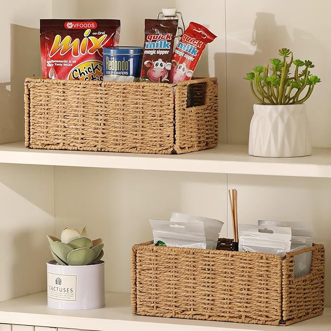 Wicker Storage Basket, Set of 2 Hand-Woven Paper Rope Wicker Basket, Small Storage Baskets for Organizing Toilet Paper, Foldable Large Cube Storage Organizer Bins for Shelves (Natural) - Image 6