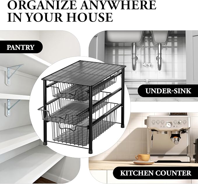 Simple Houseware Stackable 3 Tier Sliding Basket Organizer Drawer, Black (Pack of 2) - Image 8