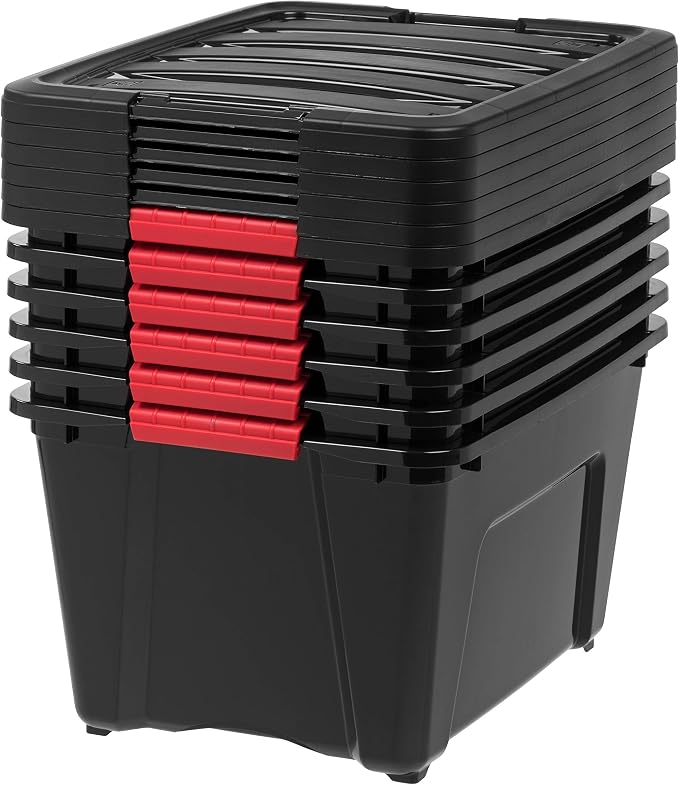 IRIS USA 6-Pack 32 Quart Storage Bins with Lids, Black | Black finish conceals stored items. Great for linens, décor, closet storage, and supplies. Nestable design saves space - Image 7