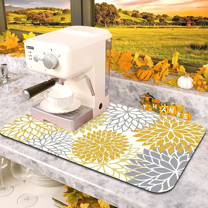 Findosom 2PCS 16" x 24" Fall Dish Drying Mat & 24" x 5.5" Sink Splash Guard, Super Absorbent & Cuttable Dish Mat Drying Kitchen Mat with Yellow Floral, Hide Stain Drying Mat for Kitchen Counter - Image 8
