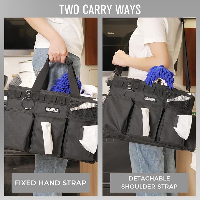 SCAVATA Wearable Cleaning Caddy Bag, Supplies Organizer with Handle & Shoulder Straps for Housekeepers, Under Sink & Car Cleaning Tool Organizer with 4 Foldable Dividers (Black) - Image 7