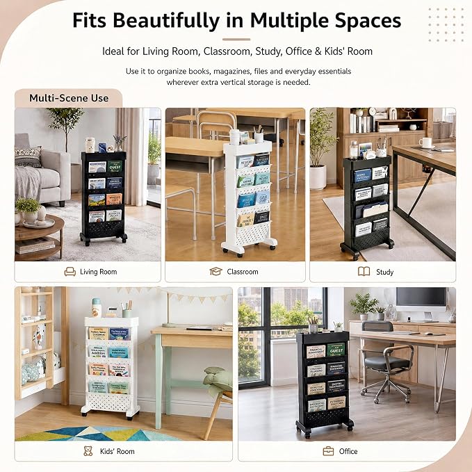BYFU 5-Tier Movable Bookshelf Cart, 26.0" H, Black | Rolling Wheels, File Paper Storage Organizer, Mobile Bookcase, For Home Office Study Classroom - Image 7