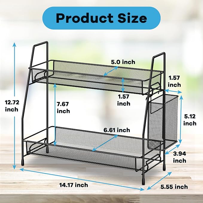 Bathroom Organizer Countertop, Spice Rack Organizer for Cabinet,Black | 2-Tier Bathroom Counter Organizer,Vanity Organizer Corner Shelf with Small Basket for Sink,Kitchen,Bedroom,Living room,Office - Image 2