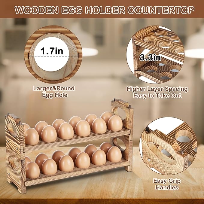 Wooden Egg Holder Countertop, 2-Tier/24-Hole, Stackable | Farmhouse Style, With Handle, Storage & Organizer, Durability, Assembly, For Chicken/Duck/Quail/Turkey/Easter Eggs - Image 5