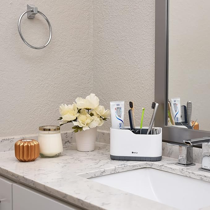 OMAIA Sink Caddy - Sink Organizer for Home, Kitchen, Wash Basin - Holder with Removable Dividers for Sponge, Brush, Toothbrush… White - Image 4