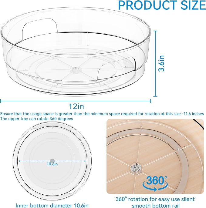 4 Pack 12" W Clear Acrylic Lazy Susan Turntable for Cabinet,Refrigerator,Pantry and Kitchen - with Handle - Large Fridge Sauce Condiment Turn Table Organizer,Spinning Round Spice Rack Carousel - Image 3