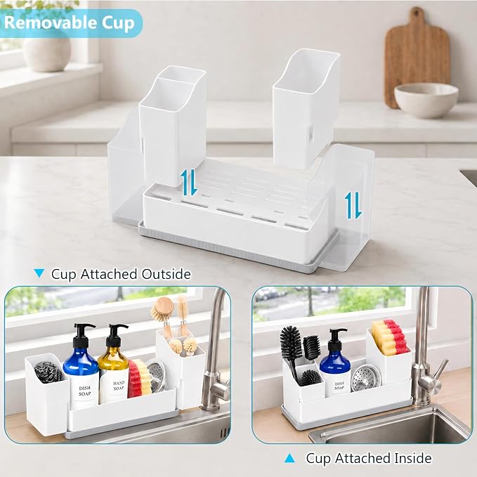 Sponge Holder for Kitchen Sink with Drying Stone, White | Kitchen Caddy Sink Organizer, 2 Removable Cups, Premium ABS, Anti-Slip, 12.7" Sponge and Soap Holder for Kitchen Counter - Image 5