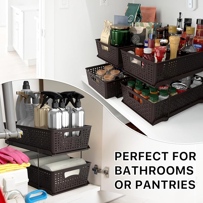 Simple Houseware 2 Tier Pull-Out Sliding Drawer Under Sink Storage, Brown | Great for Kitchen Bathroom Tray Shelf Organizer - Image 9