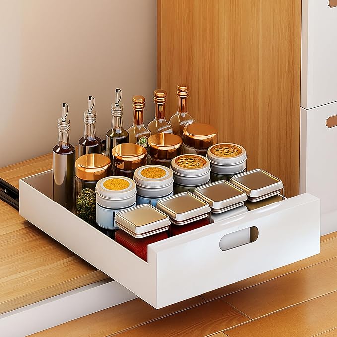 bealy 1 Pack Pull Out Cabinet Organizer Adhesive, 12'' W x 16.9" D x 3.1'' H Heavy Duty Carbon Slide Out Pantry Shelves, Sliding Drawer Pull Out Pantry Shelves for Kitchen, Living Room, Home - Image 2