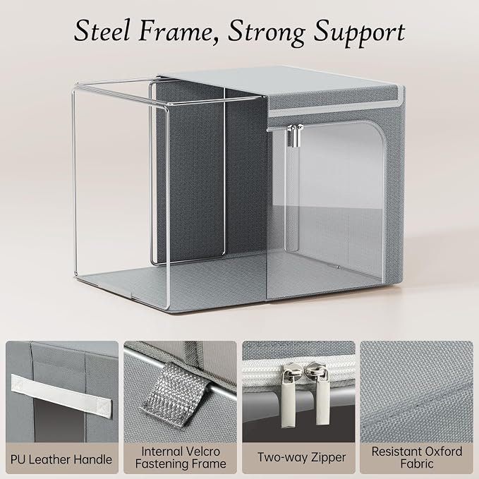 Yecaye Stackable Clothes Storage Bins with Lid, Grey, 40L, 6 Pack | Metal Frame, Foldable, Clear Window & Zippers & PU Leather Handles - Image 3