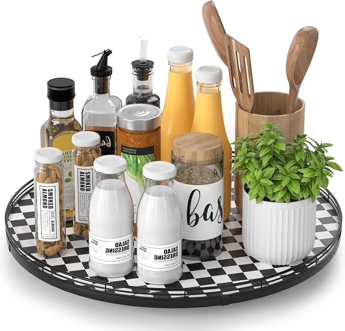 AMH 16-Inch Black and White Checkerboard Lazy Susan Decorative Tray | Smooth rotating oak tray with walnut finish for dining tables, kitchen counters, pantries and cabinet storage. by AMH