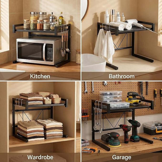 PUSDON Adjustable Carbon Steel Microwave Oven Rack, 2-Tier with 3 Hooks, 55lbs Weight Capacity, Black - Image 5