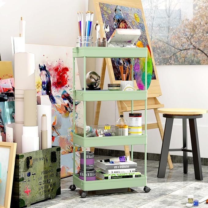 SPACEKEEPER 4 Tier Rolling Cart, Bathroom Cart Organizer with Wheels, Green | Mobile Storage Cart for Laundry Room Organization,Kitchen,Office,Bathroom, Utility Cart for Snack,Craft,Art,Makeup,Nail,Toys - Image 2