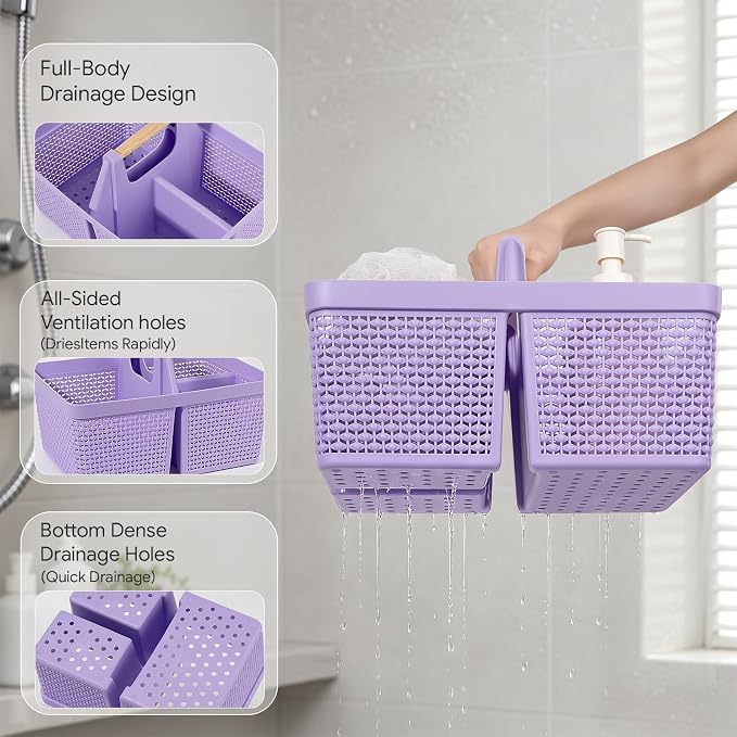UUJOLY Portable Plastic Shower Caddy Basket with Wooden Handle, Purple | Divided Storage Organizer Tote for Bathroom, Dorm, College, Kitchen & RV – Lightweight, Easy-Carry Essentials Caddy - Image 3