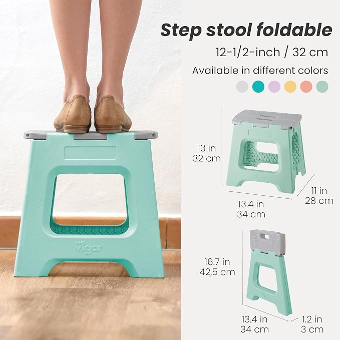 Vigar Compact Folding Step Stool, 12-1/2 in, Light Turquoise | 12-1/2 in Foldable Stool, Lightweight Portable Design, Handle, Non Slip Surface, Space-Saving, Supports up to 330 lb - Image 2
