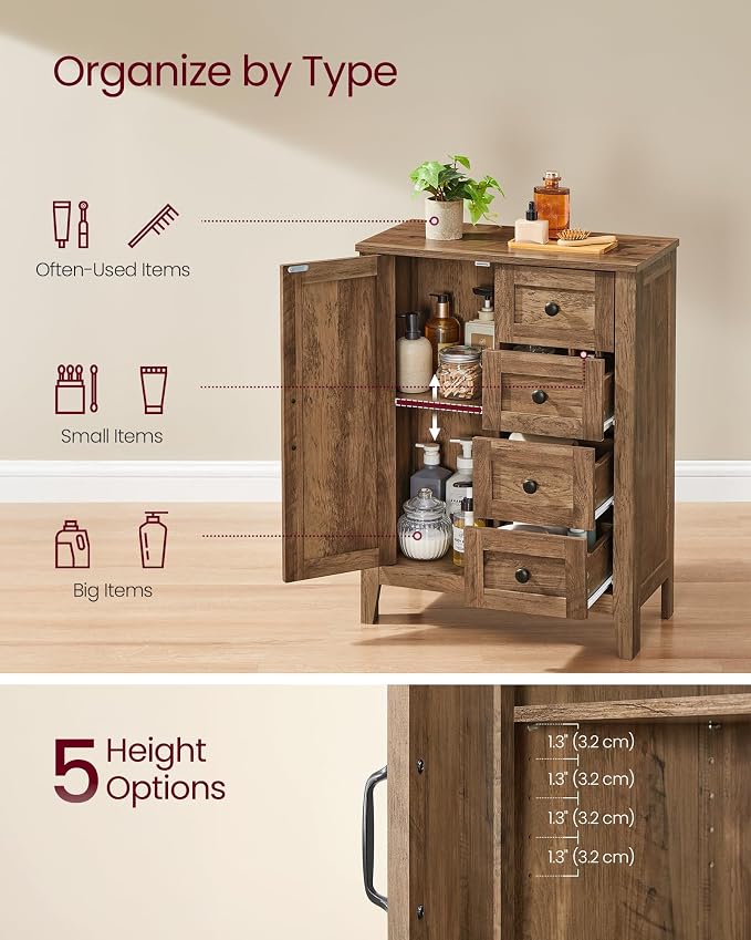 VASAGLE LIRY Collection - Storage Cabinet, Farmhouse Bathroom Floor Cabinet with 4 Drawers, Freestanding Storage Organizer, Barn Door, Adjustable Shelf, Honey Brown, UBBK753K01 - Image 4