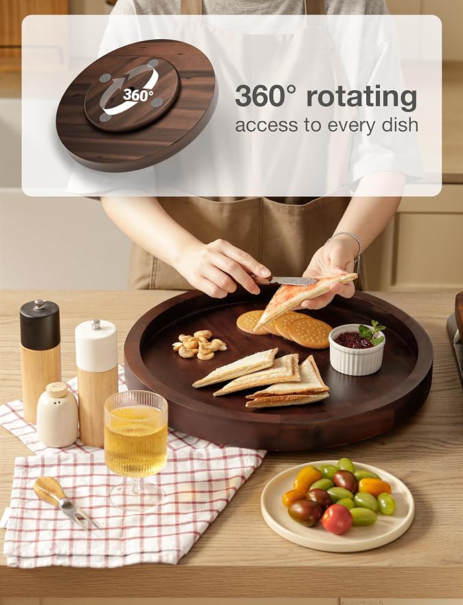 TIDITA 16" Rotating Wooden Lazy Susan Organizer for Cabinet (Walnut Color) | 360° Rotation, Solid Acacia Wood, Non-Skid Pads, Swivel Round Lazy Susans Turntable for Countertop, Decorative Tray & Board - Image 2
