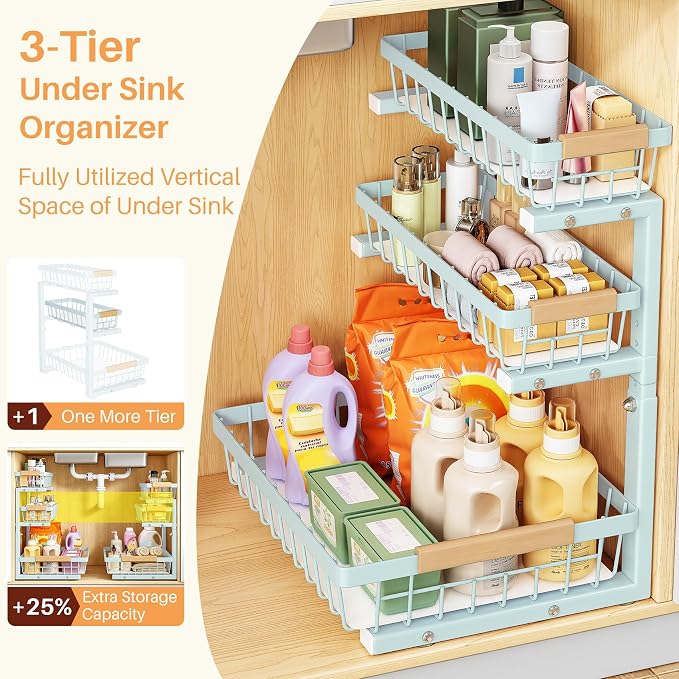 PXRACK Under Sink Organizer, 2-Pack 3-Tier Height Adjustable Thickened Metal Pull out Cabinet Organizer Shelf, Slide out Storage Drawer Rack for Bathroom Kitchen Pantry Home Organization, LightBlue - Image 3