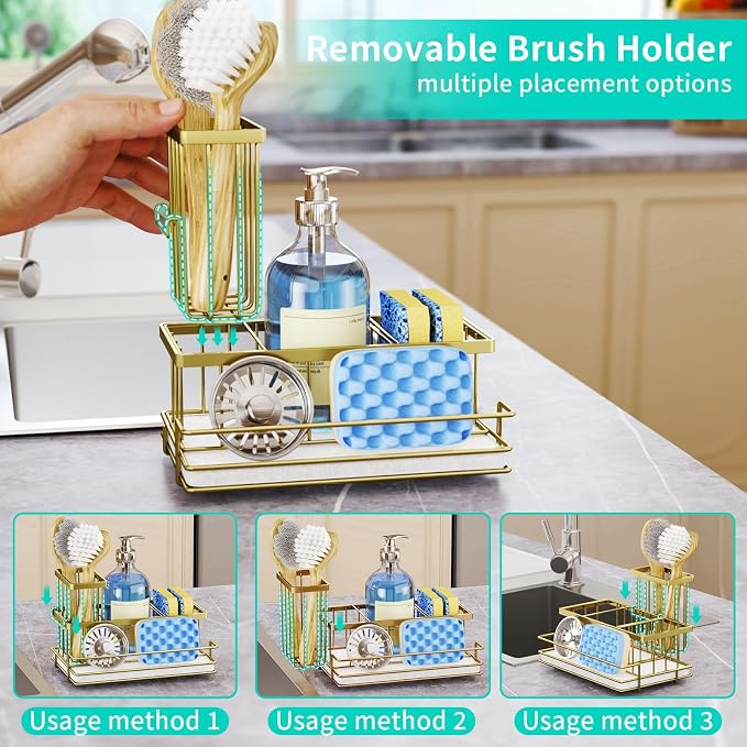 HapiRm Sink Caddy Sponge Holder - Kitchen Sink Organizer with Instant Drying Stone and Brush Holder, Stainless Steel Sponge Caddy for Kitchen Countertop - Gold - Image 3