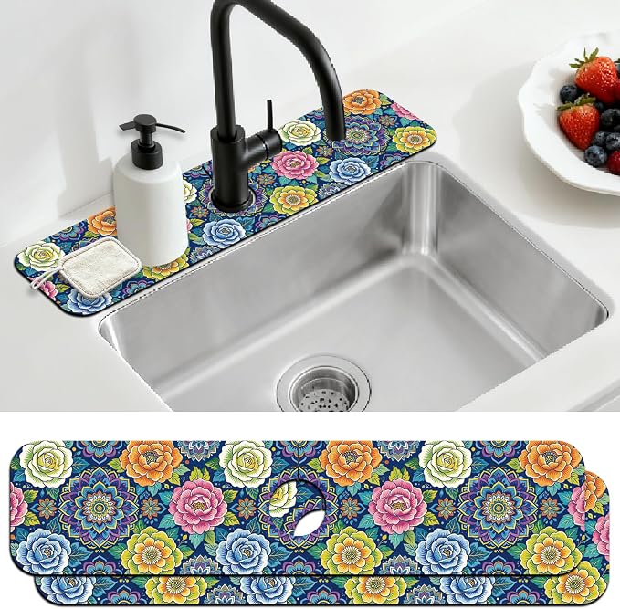 2 Pcs Kitchen Sink Splash Guard Faucet Mat Vintage Florals Faucet Mat for Sinks Bohemian Flowers Absorbing Drying Mats for Kitchen Bathroom, 23.6x5.5inch by CONCHLERY%E6%97%97%E8%88%B0%E5%BA%97