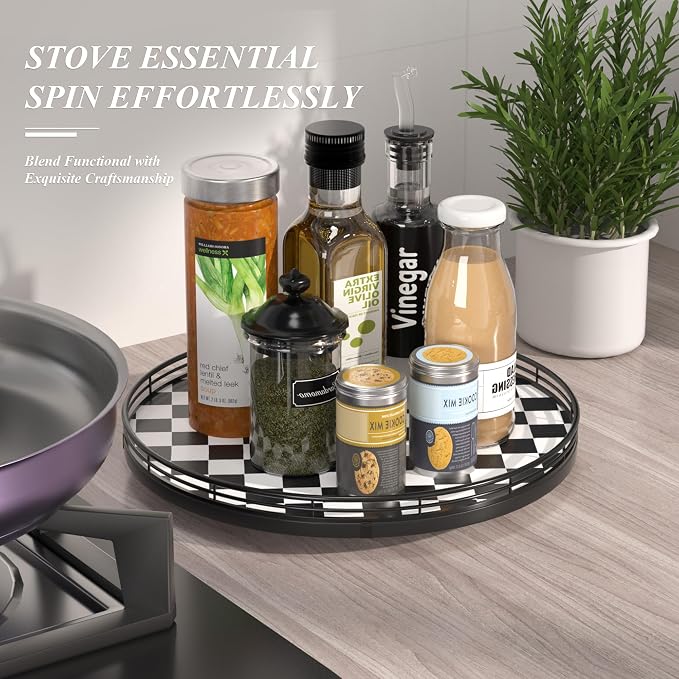 AMH 13-Inch Black and White Checkerboard Lazy Susan with Oak Wood Base | Smooth rotating oak tray with walnut finish for dining tables, kitchen counters, pantries and cabinet storage. - Image 5