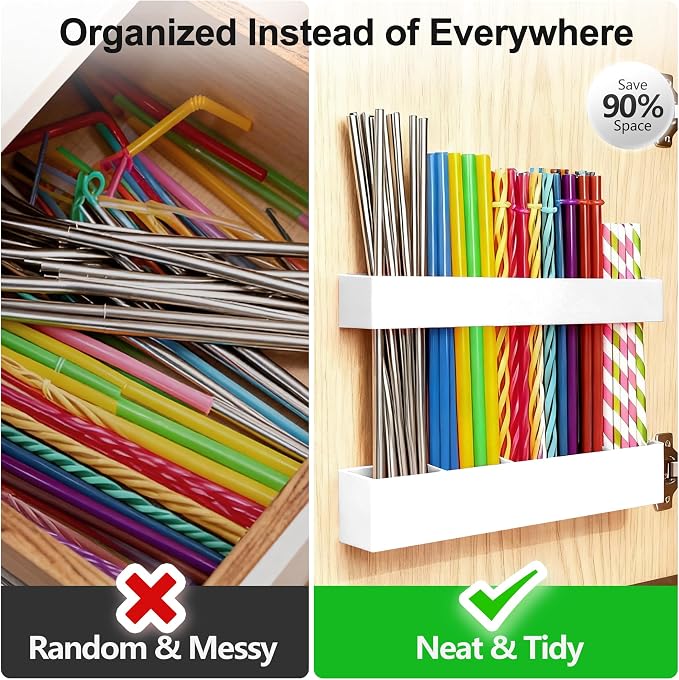 9.5” Large Acrylic Straw Holder for Cabinet Door, Adjustable Two-Part | Reusable Straws Organizer with Ultra Sticky Adhesive Strips, 2026 Straw Storage for Kitchen Cupboard (White) - Image 6