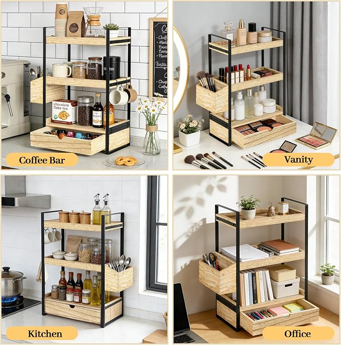3-Tier Bathroom Counter Organizer with Drawer Basket and Hooks, Wood Bathroom Organizers and Storage for Countertop, Farmhouse Brown Countertop Organizer, Counter Shelf for Vanity, Kitchen,Office - Image 5