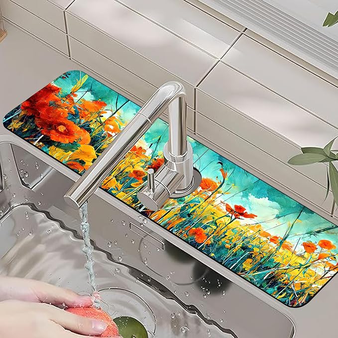 Kitchen Faucet Mat Floral Abstract Oil Painting Sink Splash Guard Behind Faucet Draining Mat Kitchen Accessories Non-slip Easy to Clean for Bathroom & Kitchen 24"X5.5" - Image 6