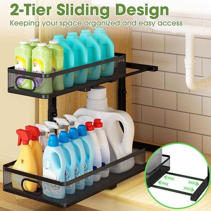 Under Sink Organizer 2-Pack, Metal 2-Tier Pull-Out Cabinet Shelf with Slide-Out Mesh Drawers, Height Adjustable, Space-Saving Under Sink Storage Racks for Kitchen, Bathroom, Laundry Room - Image 7