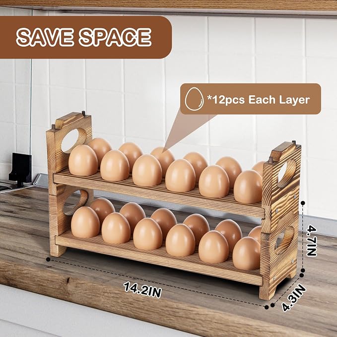 Wooden Egg Holder Countertop, 2-Tier/24-Hole, Stackable | Farmhouse Style, With Handle, Storage & Organizer, Durability, Assembly, For Chicken/Duck/Quail/Turkey/Easter Eggs - Image 4