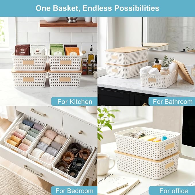 4 Pack Plastic Storage Bins with Bamboo Lids, 6.2qt Stackable Storage Organizer Box with Lable for Pantry Shelves Drawers Desktop Office, 12"L x 8.3"W x 3.5"H, Cream White - Image 5