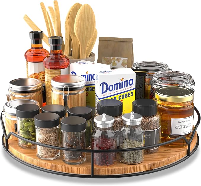 Lazy Susan Turntable Organizer for Cabinet Pantry Kitchen Countertop Refrigerator Cupboard, Pine Wood (Carbonized Black, 12“) - Image 2