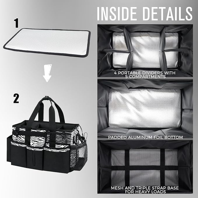 SCAVATA Wearable Cleaning Caddy, Cleaning Caddy Supplies Organizer with Handle & Shoulder Straps for Housekeepers, Under Sink & Car Cleaning Tool Organizers Bag with 4 Foldable Divider (ZebraStripe) - Image 4
