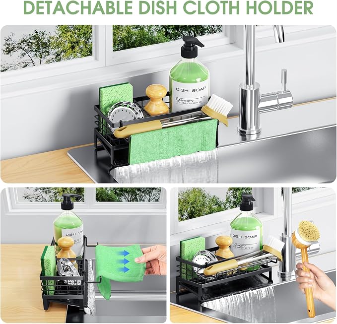 Self-Draining Kitchen Sink Caddy, Rustproof Non-Slip Metal Sponge Holder with Detachable Dish Cloth Holder (Black) - Image 6