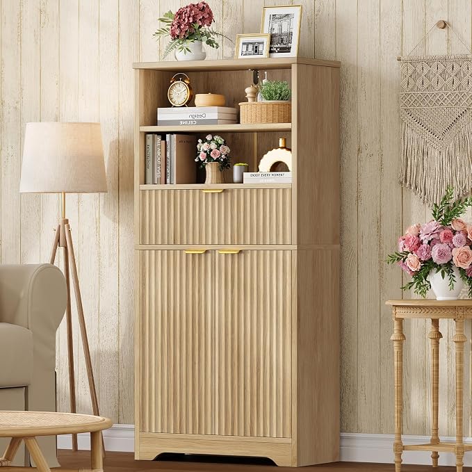 Tall Storage Cabinet with Adjustable Shelf & Drawer, Fluted Cabinet with Doors, Kitchen Pantry Cabinets, Bathroom Storage Cabinets, for Living Room, Entryway, Home Office, Natural - Image 2
