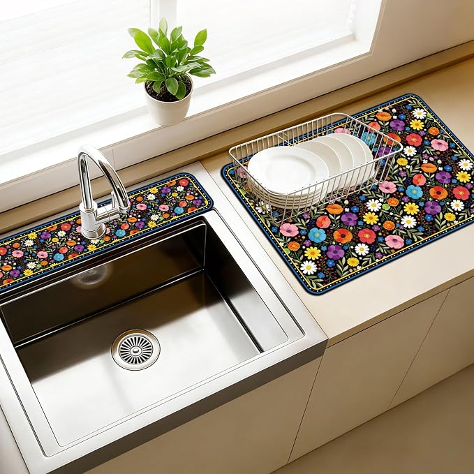 3 Pcs 2 Size Kitchen Sink Splash Guard Faucet Mat Bohemian Flowers Pattern Faucet Mats for Sinks Colorful Flower Absorbing Drying Mat for Kitchen Bathroom by CONCHLERY%E6%97%97%E8%88%B0%E5%BA%97