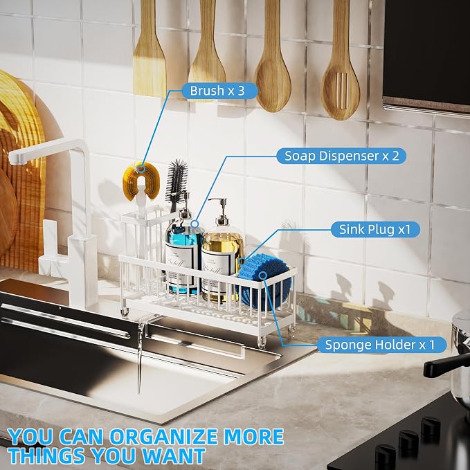 Moforoco Extra Large Kitchen Sink Caddy, Rustproof Sponge Holder for Kitchen with High Brush Holder, Stainless Steel White Kitchen Caddy Countertop Organizer, Sponge Caddy for Kitchen - Image 7