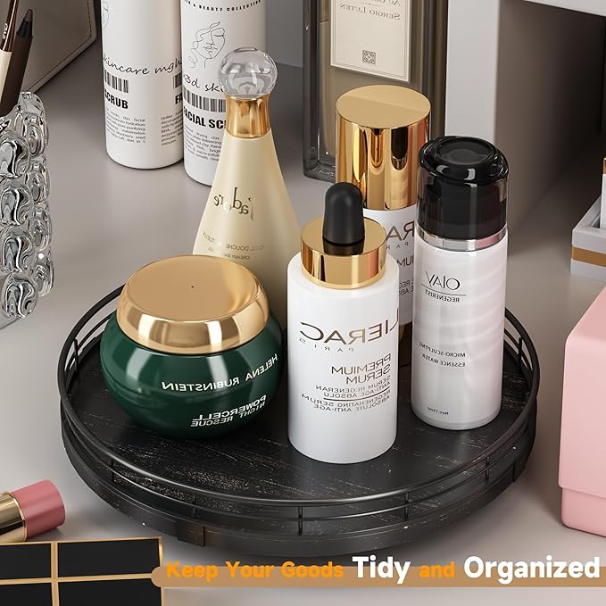 AMH 10-Inch Oak Lazy Susan Vanity Tray with Black Brushed Gold Rail | Smooth rotating oak tray with walnut finish for dining tables, kitchen counters, pantries and cabinet storage. - Image 2