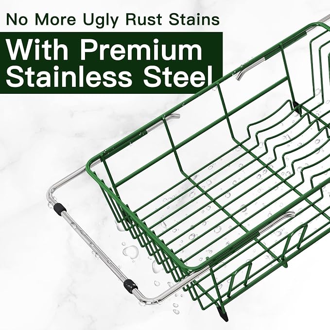 Grey Dish Drying Rack Over The Sink with Utensil Holder, Mat | Expandable Stainless Steel Dish Drainer for Small Kitchen, Apartment, RV, Counter Space Saving, Perfect Fit, Rustproof - Image 4