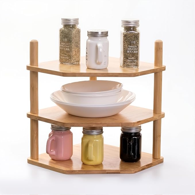 3-Tier Bamboo Corner Shelf, Kitchen Countertop Storage Organizer, Cabinet Plate Rack for Pantry Organization, Bathroom, Desktop, 9.4 x 9.4 x 11.4 Inch by WooFawn