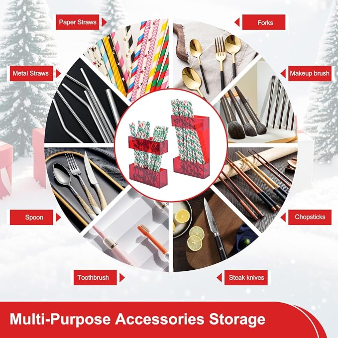 2 PACK Small Acrylic Straw Holder for Cabinet Doors，Straw Organizer Storage with Most Sizes，Multi-Function Kitchen Accessories Container with Adhesive Round Pads(RED) - Image 7