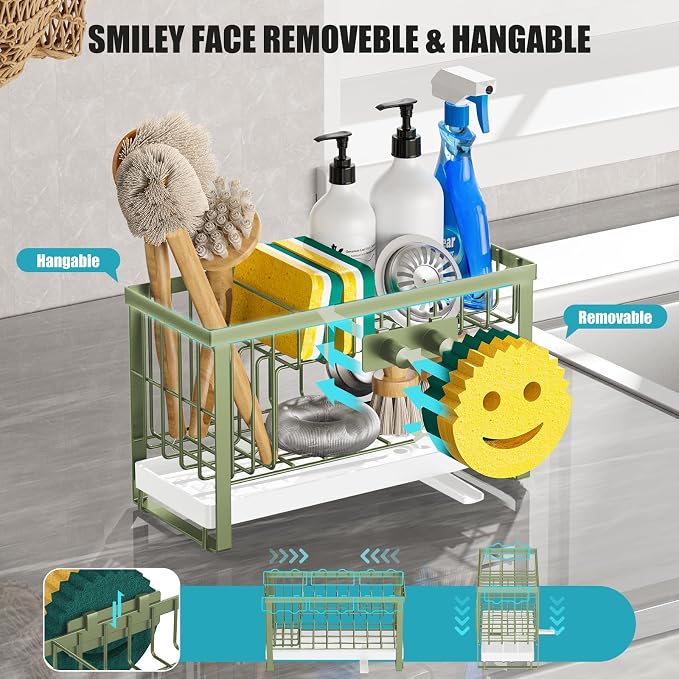 Sponge Holder for Kitchen Sink with Flexible Smiley Face, 2 Tier Kitchen Sink Organizer, Countertop and Storage Essentials, Soap Dispenser Organizer, Home Decor Accessories - Green - Image 3