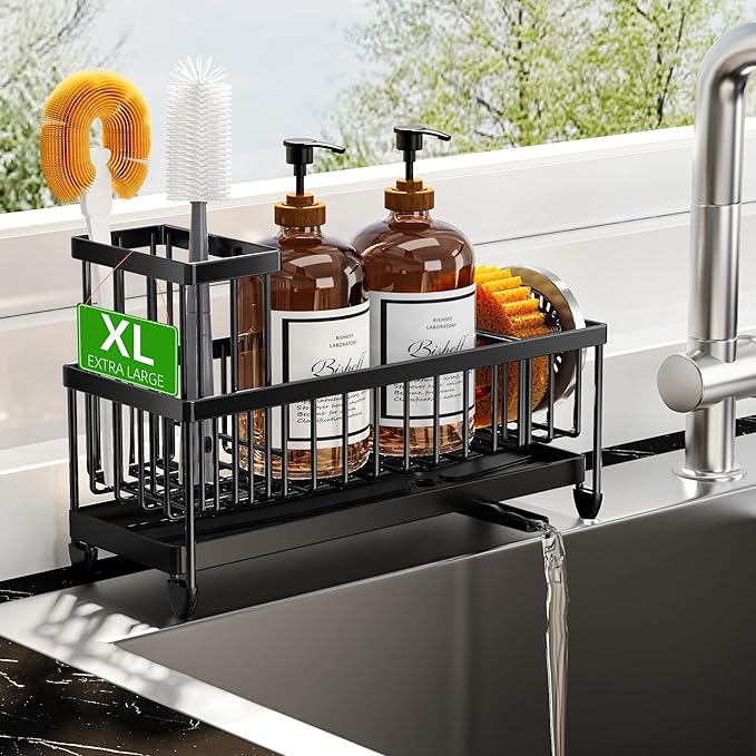 Cisily Sponge Holder for Kitchen Sink, Sink Caddy Organizer with High Brush Holder, Kitchen Countertop Organizers and Storage Essentials, Rustproof 304 Stainless Steel (Large Black, 10.62″) by CISILYHOMELIFE